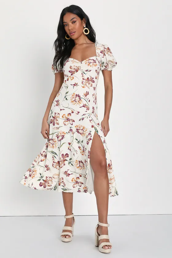 Parisian Picnic Cream Floral Jacquard Puff Sleeve Midi Dress sold by Lulus