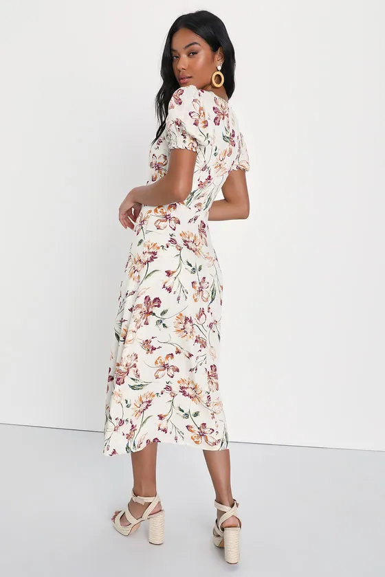 Parisian Picnic Cream Floral Jacquard Puff Sleeve Midi Dress sold by Lulus product image thumbnail 2