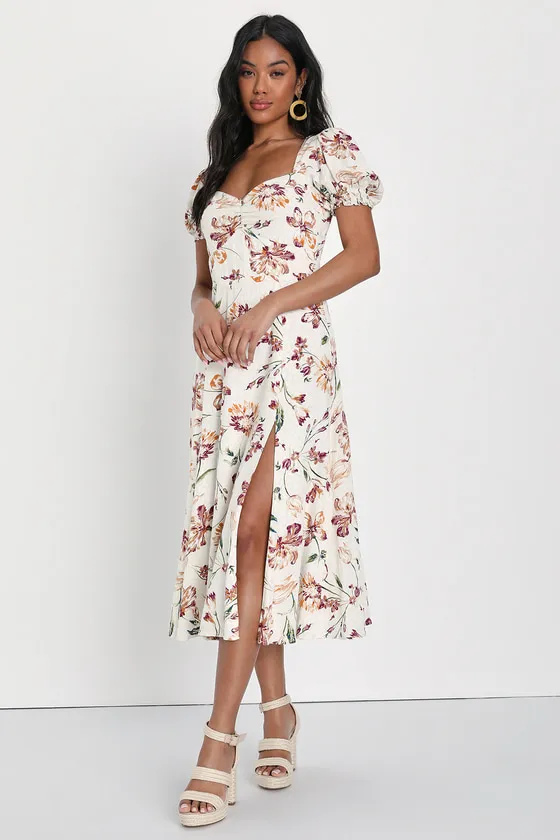 Parisian Picnic Cream Floral Jacquard Puff Sleeve Midi Dress sold by Lulus product image thumbnail 4