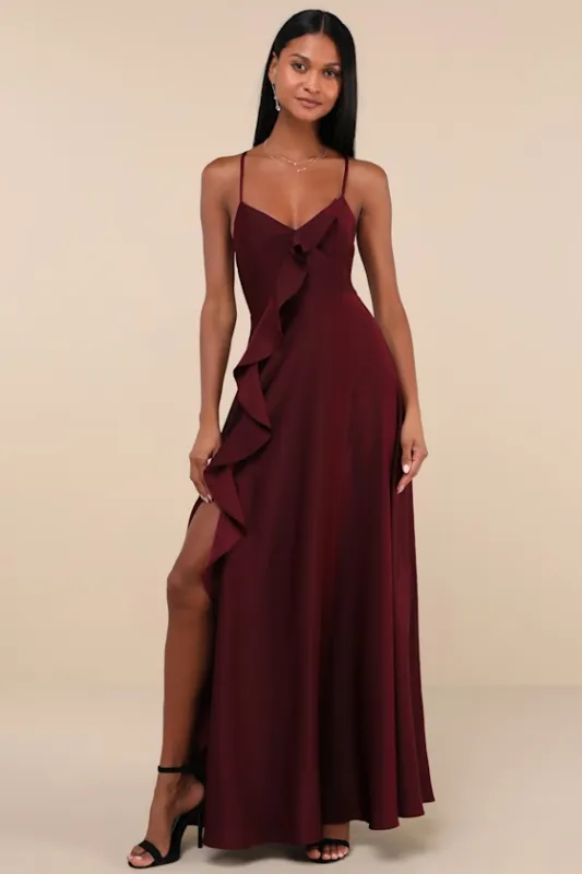 Stylish Grace Dark Plum Backless Lace-Up Ruffled Maxi Dress sold by Lulus