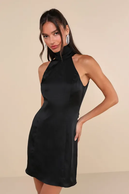Infinite Admiration Black Satin Halter Mini Dress made by Lulus