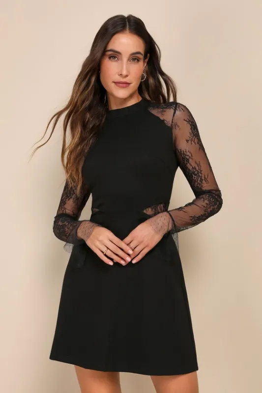 Bragging Rights Black Lace Long Sleeve Skater Dress sold by Lulus