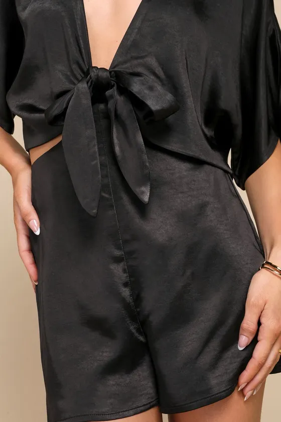 Flirt For Fun Black Satin Tie-Front Two-Piece Romper sold by Lulus product image thumbnail 3