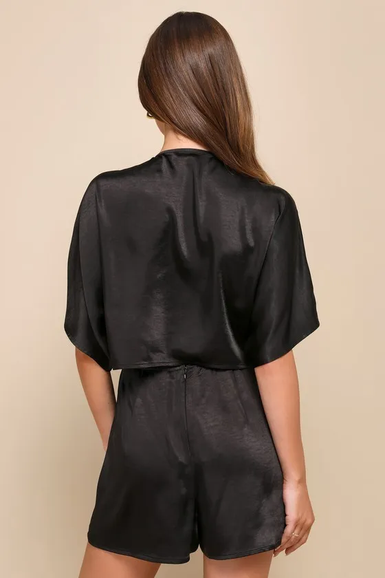 Flirt For Fun Black Satin Tie-Front Two-Piece Romper sold by Lulus product image thumbnail 4