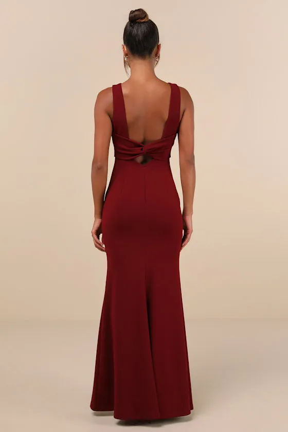 Love In Your Eyes Wine Red Knotted Mermaid Maxi Dress sold by Lulus product image thumbnail 2