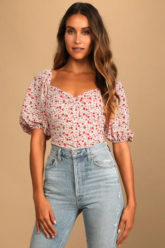 Beautiful Hues Ivory Floral Print Puff Sleeve Ruched Bodysuit sold by Lulus