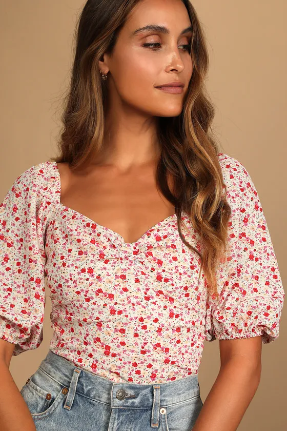 Beautiful Hues Ivory Floral Print Puff Sleeve Ruched Bodysuit sold by Lulus product image thumbnail 3