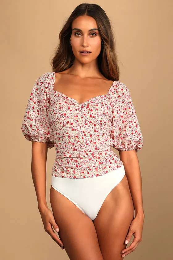 Beautiful Hues Ivory Floral Print Puff Sleeve Ruched Bodysuit sold by Lulus product image thumbnail 4