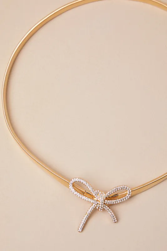 Exquisite Addition Gold Rhinestone Bow Chain Belt sold by Lulus