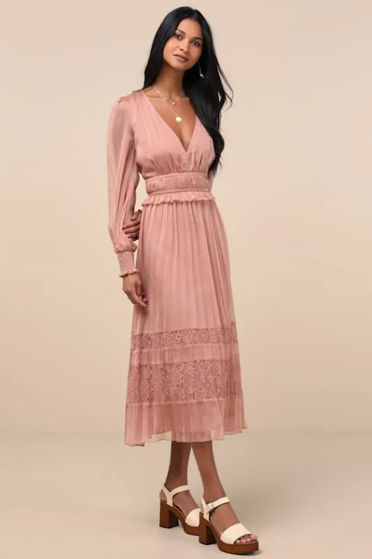 Cambree Mauve Pink Pleated Blouson Sleeve Lace Midi Dress sold by Lulus
