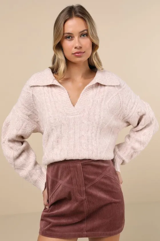 Cozy Conclusion Heather Blush Cable Knit Collared Sweater sold by Lulus