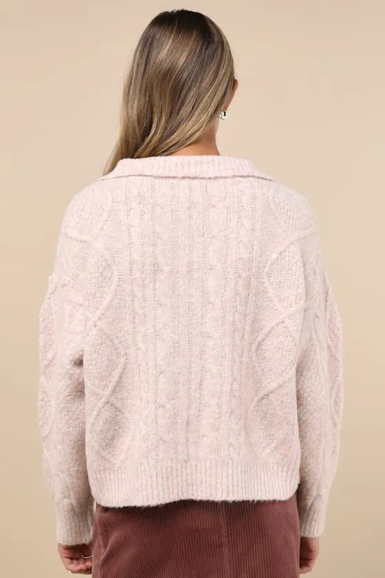 Cozy Conclusion Heather Blush Cable Knit Collared Sweater sold by Lulus product image thumbnail 2