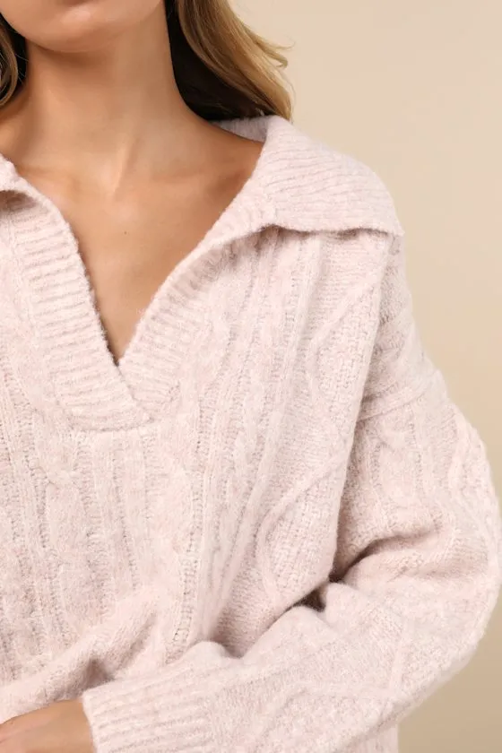 Cozy Conclusion Heather Blush Cable Knit Collared Sweater sold by Lulus product image thumbnail 4