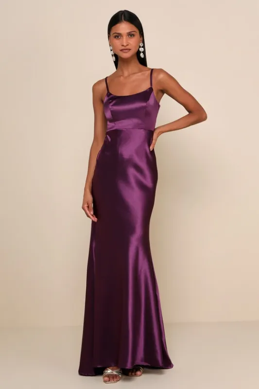Make You Shine Dark Purple Satin Mermaid Maxi Dress sold by Lulus