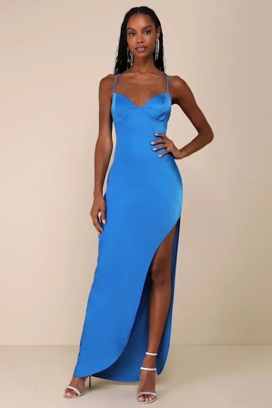 Glam Sentiment Blue Satin Lace-Up Slip Maxi Dress sold by Lulus