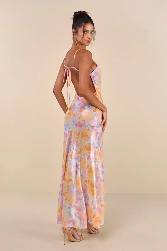 Distinctly Flirtatious Multi Floral Sheer Backless Maxi Dress sold by Lulus