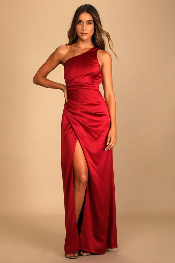 Dreaming of Elegance Wine Red Satin One-Shoulder Maxi Dress sold by Lulus