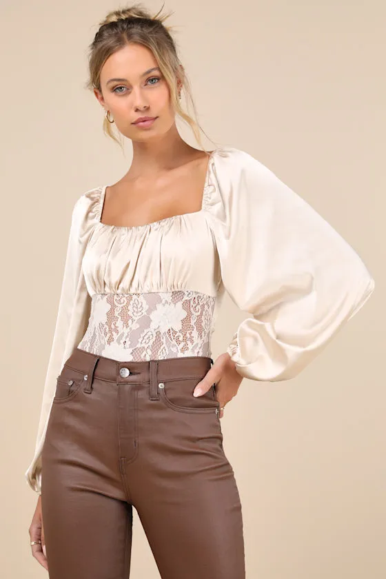 Endless Aura Cream Satin Balloon Sleeve Sheer Lace Bodysuit sold by Lulus
