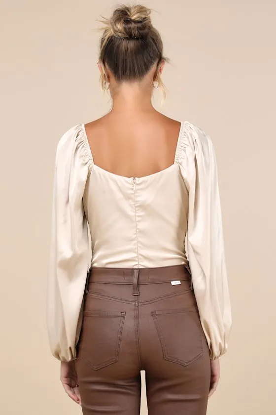 Endless Aura Cream Satin Balloon Sleeve Sheer Lace Bodysuit sold by Lulus product image thumbnail 2