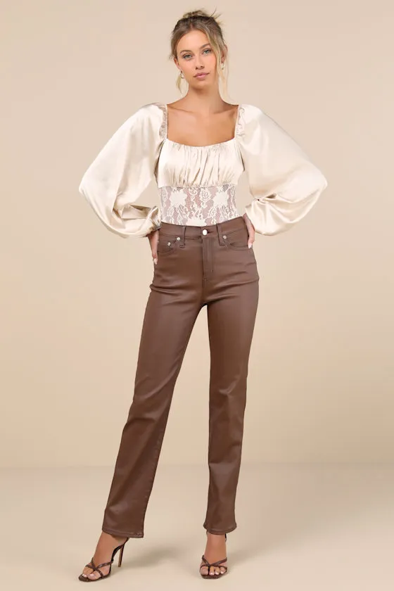 Endless Aura Cream Satin Balloon Sleeve Sheer Lace Bodysuit sold by Lulus product image thumbnail 3