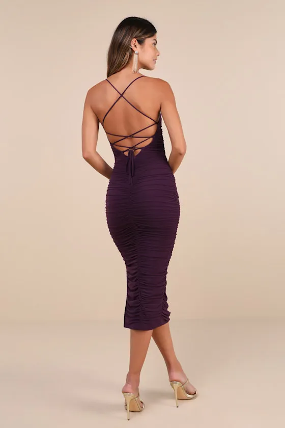 Flirty Instinct Purple Mesh Ruched Lace-Up Bodycon Midi Dress sold by Lulus product image thumbnail 2