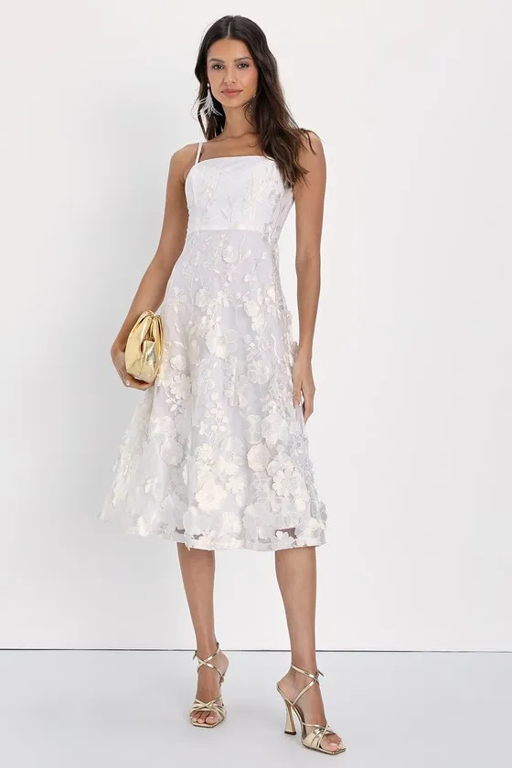 Glamour Garden White 3D Floral Embroidered Midi Dress sold by Lulus