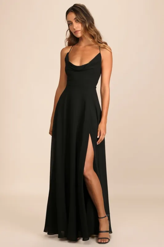 Romantically Speaking Black Cowl Lace-Up Maxi Dress sold by Lulus