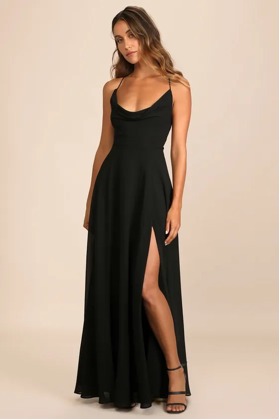 Romantically Speaking Black Cowl Lace-Up Maxi Dress sold by Lulus