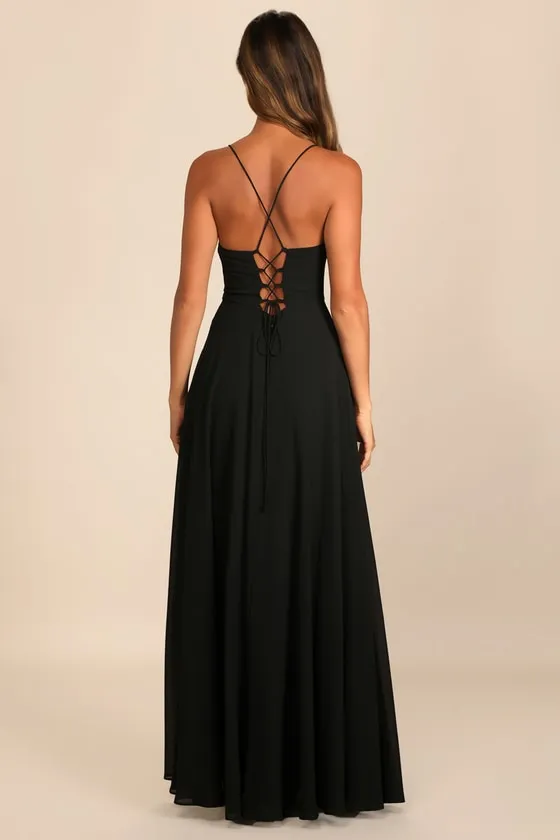 Romantically Speaking Black Cowl Lace-Up Maxi Dress sold by Lulus product image thumbnail 4
