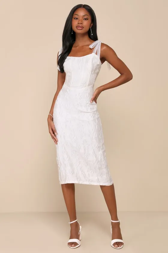 Gorgeous Persona White Satin Jacquard Tie-Strap Midi Dress sold by Lulus