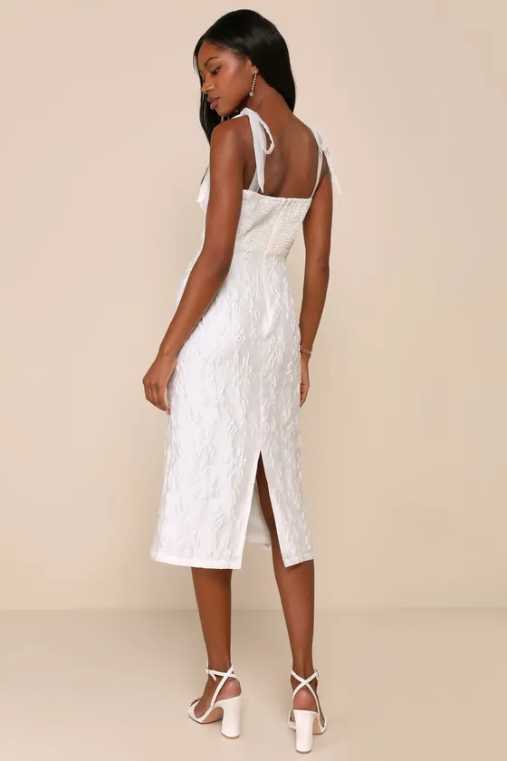 Gorgeous Persona White Satin Jacquard Tie-Strap Midi Dress sold by Lulus product image thumbnail 2