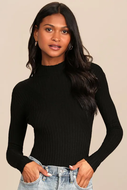 Crawford Black Long Sleeve Mock Neck Bodysuit sold by Lulus
