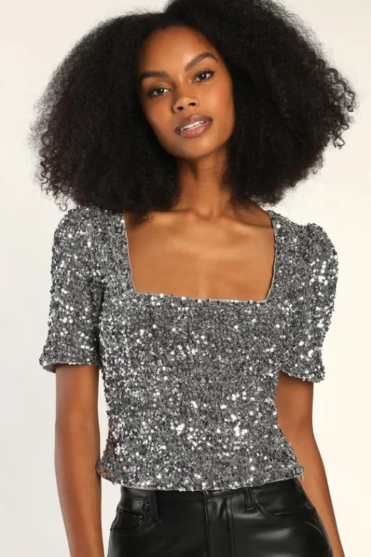 Sparkling Marvel Silver Sequin Square Neck Crop Top sold by Lulus