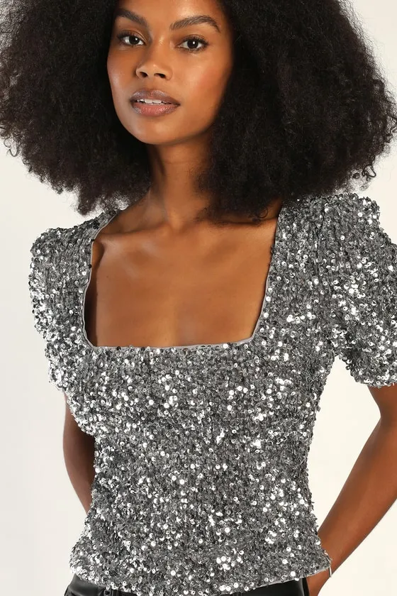 Sparkling Marvel Silver Sequin Square Neck Crop Top sold by Lulus product image thumbnail 3