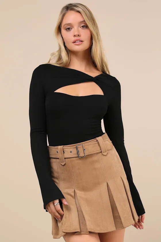 Perfectly Impressive Black Twist-Front Long Sleeve Bodysuit sold by Lulus