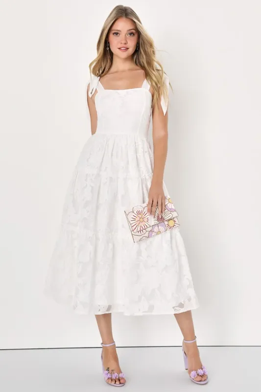 Proof of Perfection White Floral Tiered Tie-Strap Midi Dress sold by Lulus