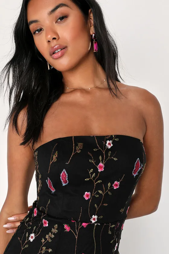 Bold Botanicals Black Floral Embroidered Strapless Midi Dress sold by Lulus product image thumbnail 2