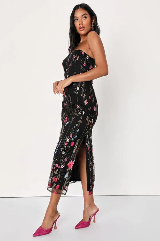 Bold Botanicals Black Floral Embroidered Strapless Midi Dress sold by Lulus product image thumbnail 3