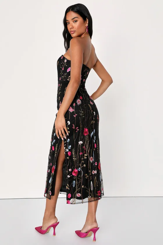 Bold Botanicals Black Floral Embroidered Strapless Midi Dress sold by Lulus product image thumbnail 4