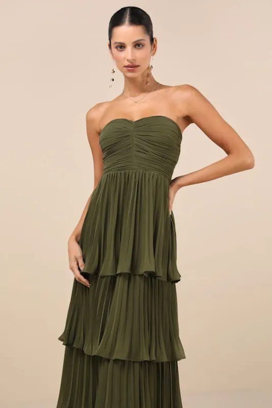 Seriously Sensational Olive Green Strapless Tiered Maxi Dress sold by Lulus