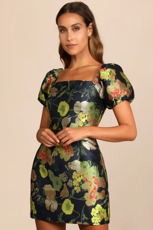 So Stunning Navy Blue Floral Jacquard Puff Sleeve Mini Dress sold by Lulus
