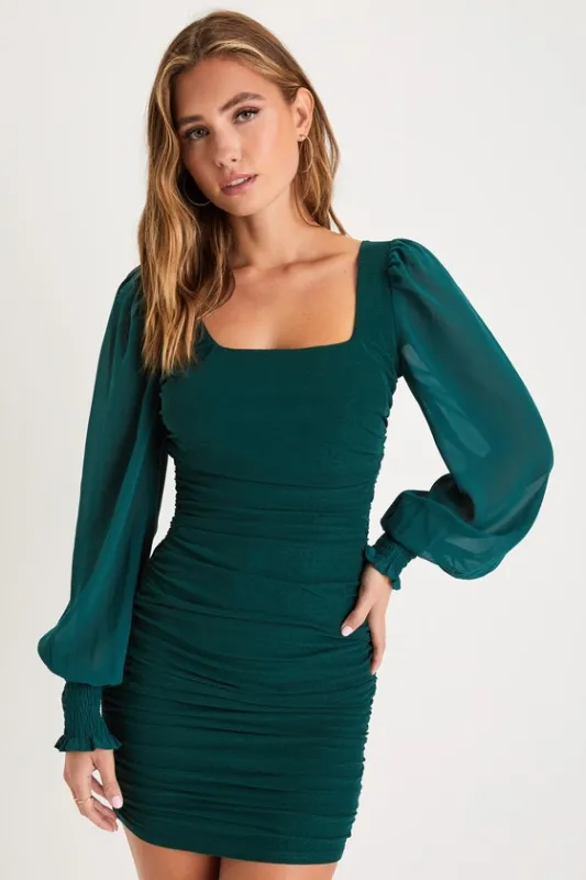 Perfect Sensation Dark Green Mesh Ruched Puff Sleeve Mini Dress sold by Lulus