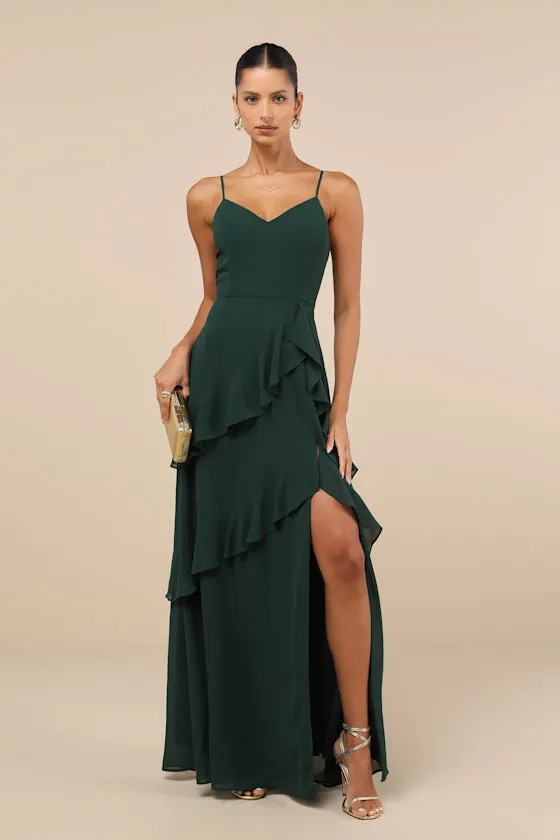 Blessed with Beauty Forest Green Ruffled Sleeveless Maxi Dress sold by Lulus