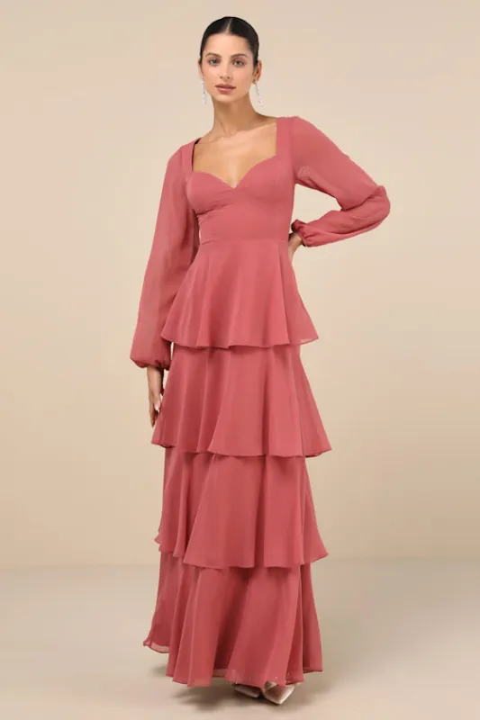 Flawless Excellence Rusty Rose Tiered Long Sleeve Maxi Dress sold by Lulus