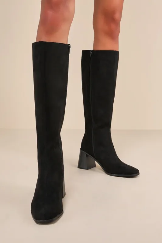Marvari Black Suede Square-Toe Knee-High Boots sold by Lulus