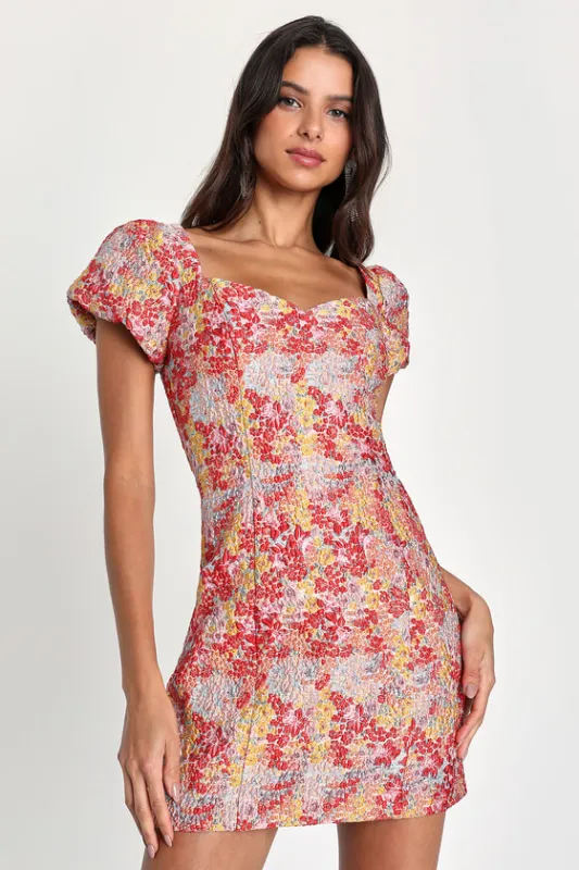 Sweetest Essence Blush Floral Jacquard Puff Sleeve Mini Dress sold by Lulus
