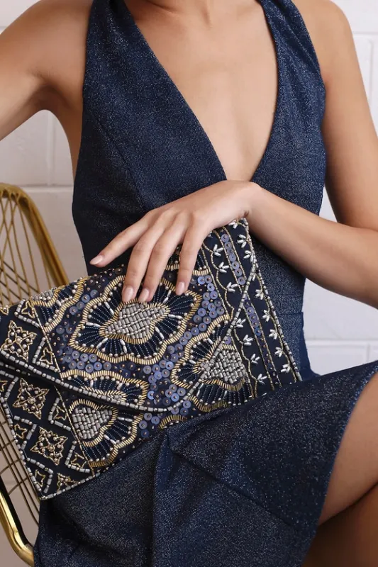 Etched in Stone Navy Blue Beaded Clutch sold by Lulus