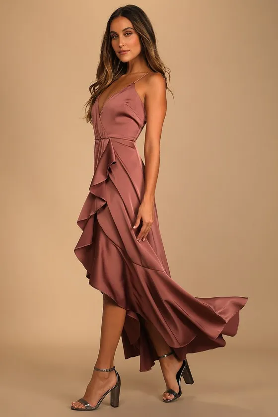 Enchanted Moments Mauve Pink Satin Ruffled High-Low Dress sold by Lulus product image thumbnail 2