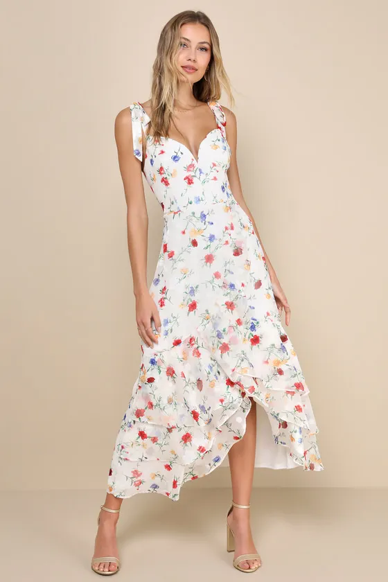 So Elevated Ivory Floral Jacquard Tie-Strap High-Low Midi Dress sold by Lulus