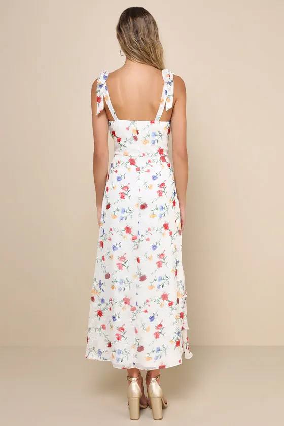So Elevated Ivory Floral Jacquard Tie-Strap High-Low Midi Dress sold by Lulus product image thumbnail 3